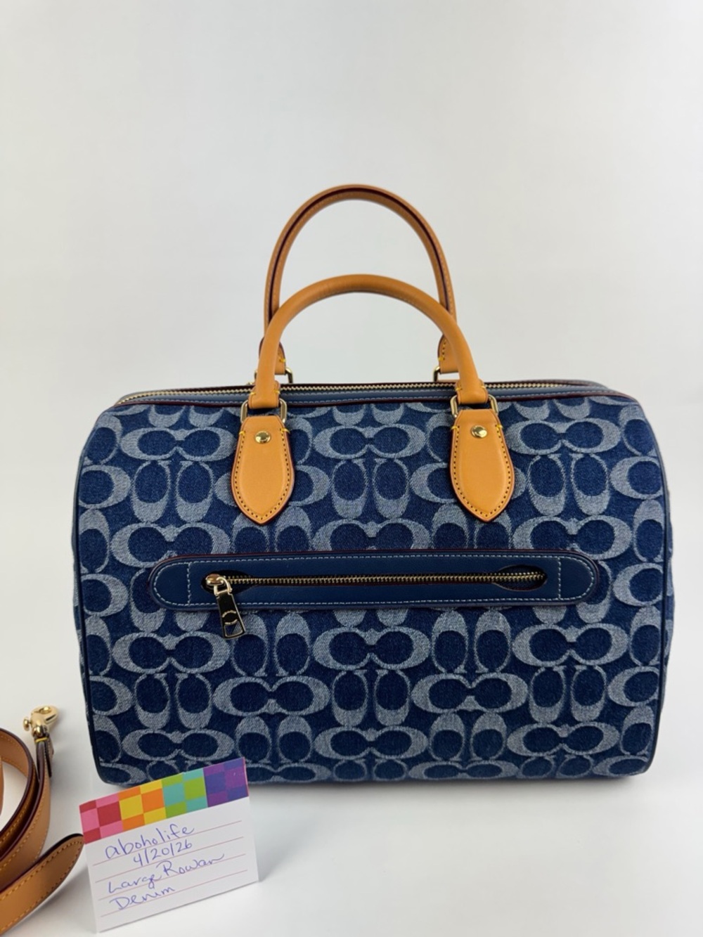 Coach Large Rowan Denim Signature Satchel Leather Trim Crossbody Strap - Picture 3 of 12